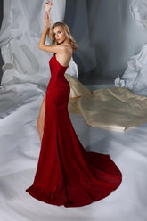 Amazing Long Red Strapless Satin Mermaid Prom Evening Dresses With Slit